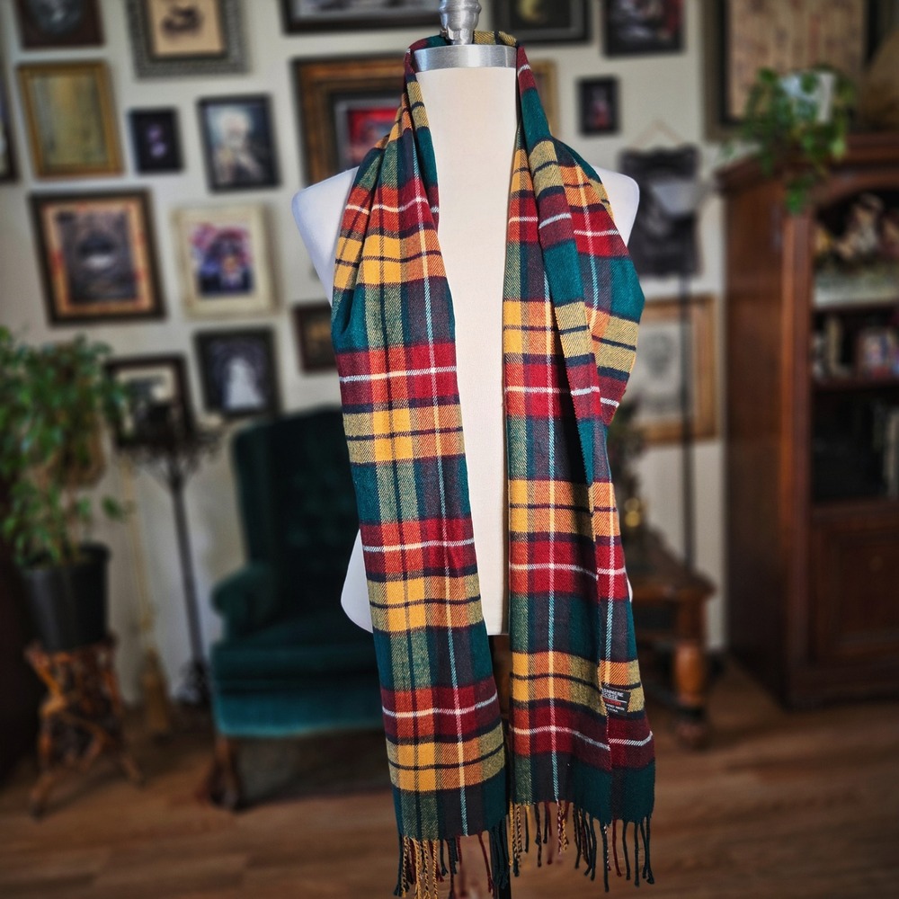 Tartan Scarf Plaid Cashmere Blend Italy Design Red Green Yellow Fringe Winter